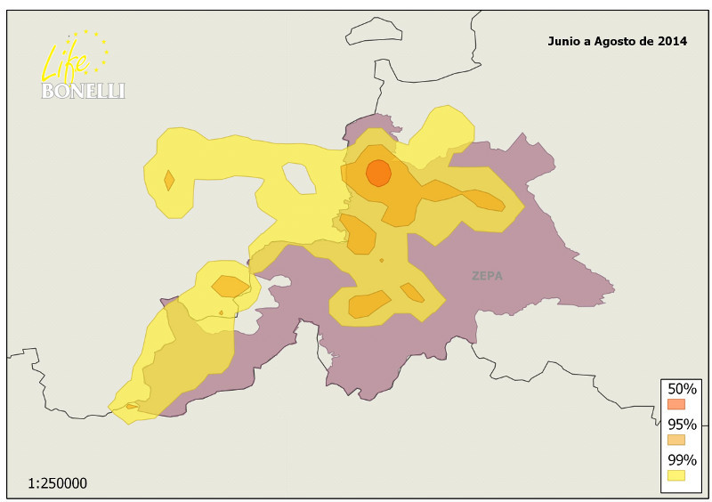 Mapa de las áreas utilizadas por las jóvenes águilas en el entorno del área de liberación durante los meses de Junio a Agosto.
