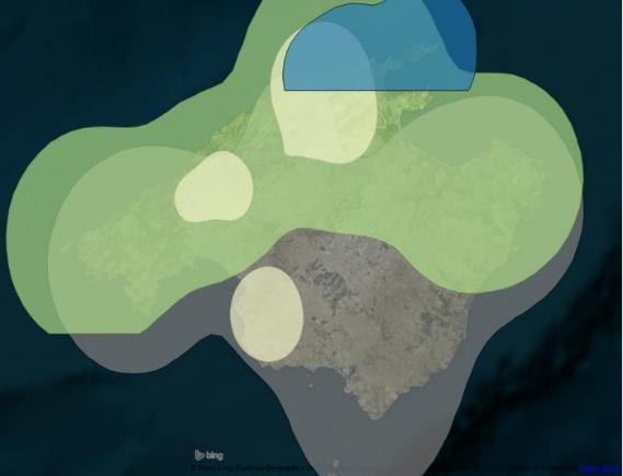 Ilustración 6. Área de Campeo al 95 % de las Águilas de Bonelli marcadas en 2012. Azul:Berja; Amarillo:Bel; Verde: Beires; Gris: Blaia.