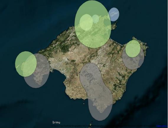 Ilustración 7. Área de Campeo al 50%. de los ejemplares marcados en 2012. Azul:Berja; Amarillo:Bel; Verde: Beires; Gris: Blaia.