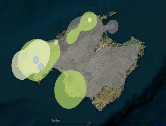 Ilustración 8. Área de Campeo al 95% de las Águilas liberadas en 2013. Gris:Cullera; Azul: Camarga; Amarillo: Cala; Verde: Calais.