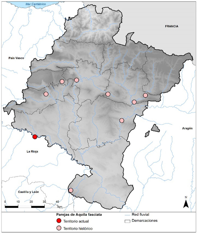 Territorios históricos y actuales de  águila de Bonelli (Aquila fasciata) en Navarra y zonas limítrofes.