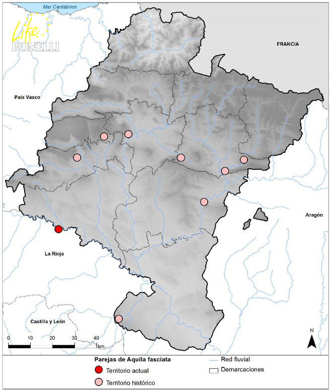 Figura 1. Territorios históricos y actuales de  águila de Bonelli (Aquila fasciata) en Navarra y zonas limítrofes.