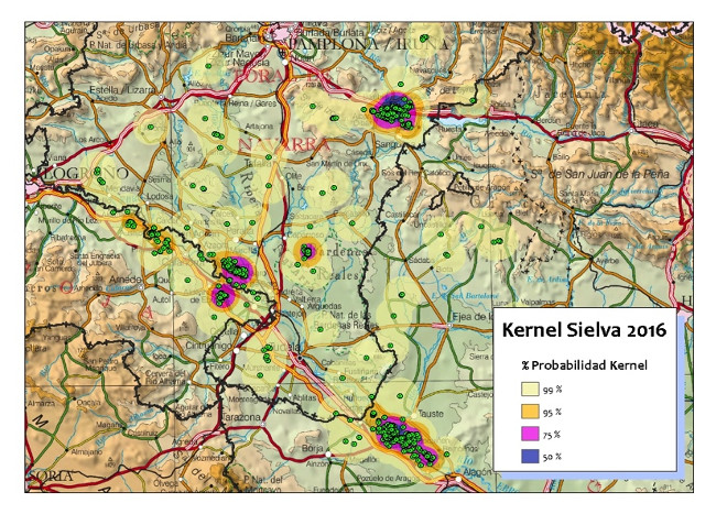Imagen 2. Probabilidad Kernel de Sielva para 2016. Área núcleo de 50% de probabilidad: Gallur, Milagro, Lumbier.
