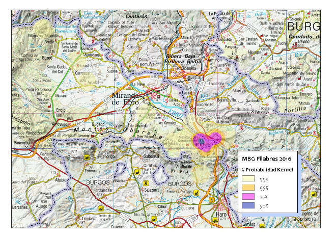 Imagen 1. Probabilidad Kernel de Filabres para 2016: el área núcleo de 50% de probabilidad: en torno al nido