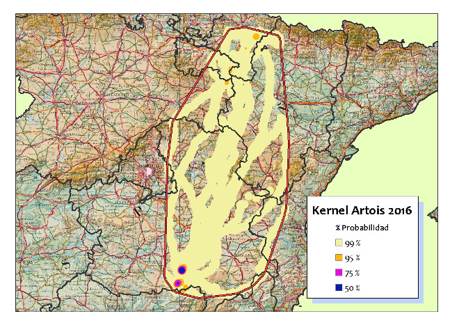 Imagen 3. Probabilidad Kernel de Artois para 2016. Área núcleo de 50% de probabilidad: provincia de Ciudad Real.