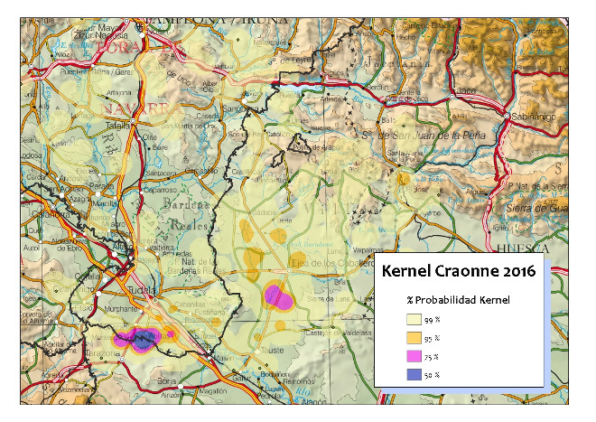 Imagen 4. Probabilidad Kernel de Craonne para 2016. Área núcleo de 50% de probabilidad: zona Malón - Ablitas.