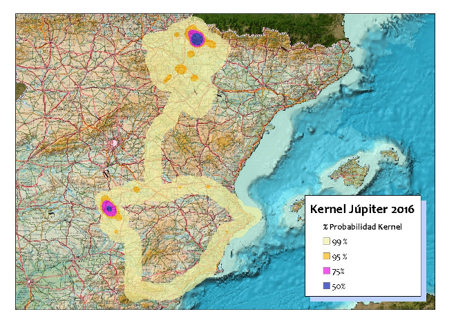 Imagen 5. Probabilidad Kernel de Júpiter para 2016. Áreas núcleo de 50% de probabilidad: Lumbier y el Campo de Calatrava.