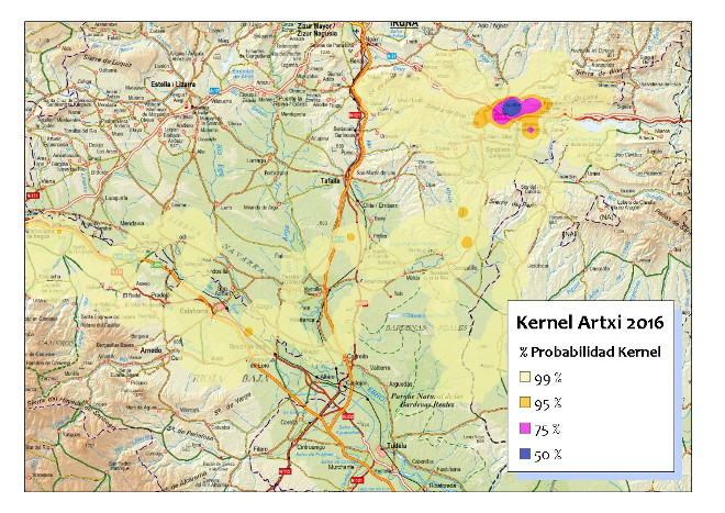 Imagen 6. Probabilidad Kernel de Archiane – “Artxi” para 2016. Área núcleo de 50% de probabilidad: Lumbier.