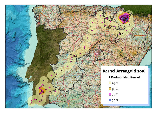 Imagen 7. Probabilidad Kernel de Arrangoiti para 2016. Área núcleo de 50% de probabilidad: Lumbier.