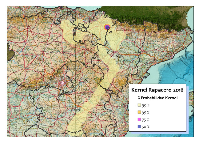 Imagen 8. Probabilidad Kernel de Rapacero para 2016. Área núcleo de 50% de probabilidad: Lumbier.