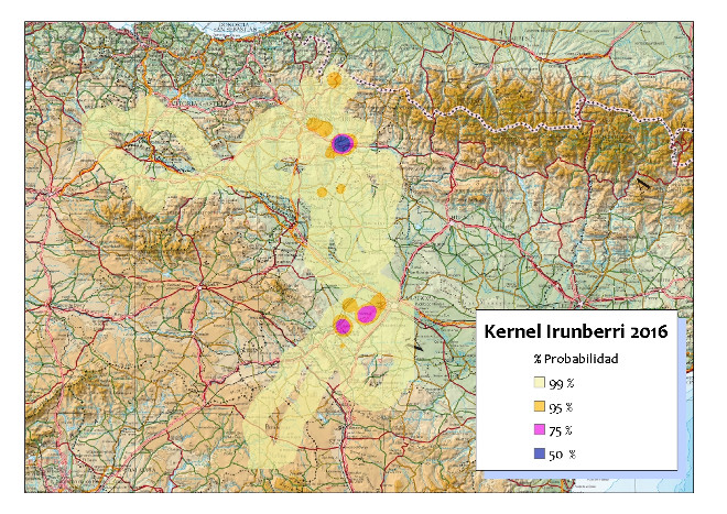 Imagen 9. Probabilidad Kernel de Irunberri para 2016. Área núcleo de 50% de probabilidad: Lumbier.