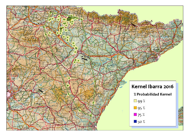 Imagen 10. Probabilidad Kernel de Ibarra para 2016. Área núcleo de 50% de probabilidad: Lumbier.
