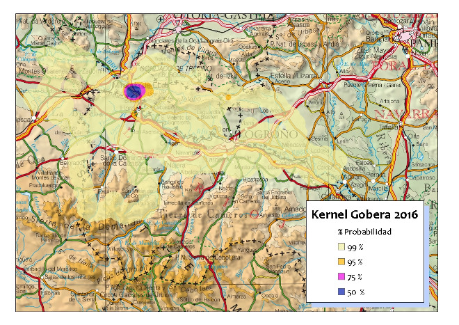 Imagen 11. Probabilidad Kernel de Gobera para 2016. Área núcleo de 50% de probabilidad: territorio de Toloño.