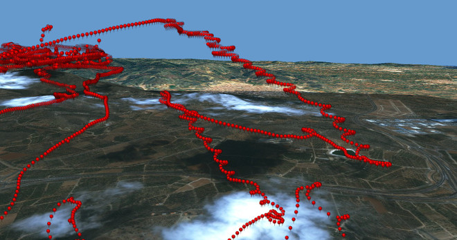 Details of the movement (circling to gain height) in 3D based on one localization per second received by a transmittor carried by the male specimen of the couple marked in the National Park of  Serra de Espadán (image by kind permisson of Pascual López, University of Alicante). 