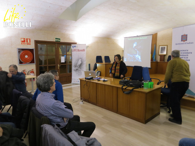 Carlota Viada, del COFIB, preparándose para intervenir en el acto celebrado en la sala de plenos del Ayuntamiento de Andratx.