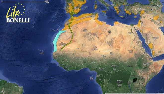 Figura 4. Mapa de las áreas de reproducción (Naranja) y de No reproducción (Azul). El recorrido de "Zahara" en los puntos verdes.