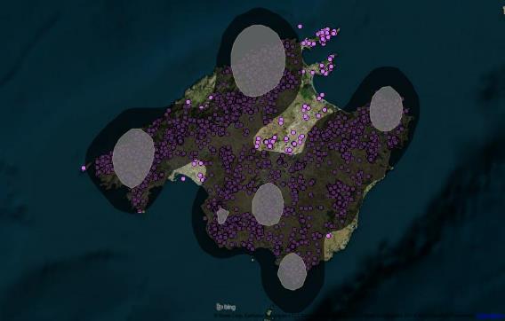 Ilustración 4. Área de Campeo del Conjunto de las Águilas Liberadas. Sombreado en negro al 95%, sombreado gris al 50%.