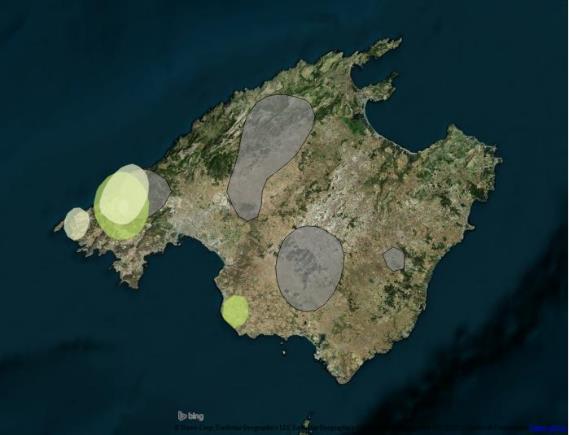 Ilustración 9. Área de Campeo al 50% de las Águilas liberadas en 2013. Gris:Cullera; Azul: Camarga; Amarillo: Cala; Verde: Calais.