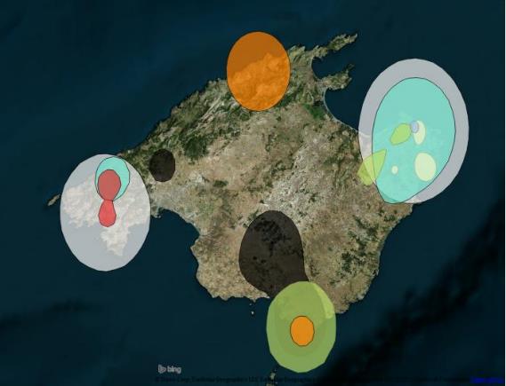 Ilustración 11. Área de campeo al 50% de las Águilas marcadas en 2014. Rojo: Darwin; Azul: Daimiel; Amarillo: Dilar; Naranja: Deia; Verde: Dalía; Azul: Dante; Negro: Dodiel; Blanco:Dana.