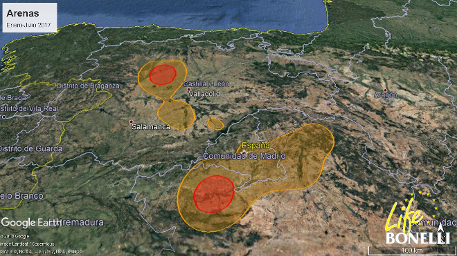 Ilustración 8 Mapa Kernel de la distribución espacial de “Arenas” al 95% y 50%.